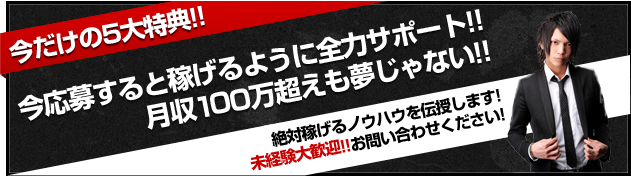 今だけの5大特典!今応募すると稼げるように全力サポート!月収100万超えも夢じゃない